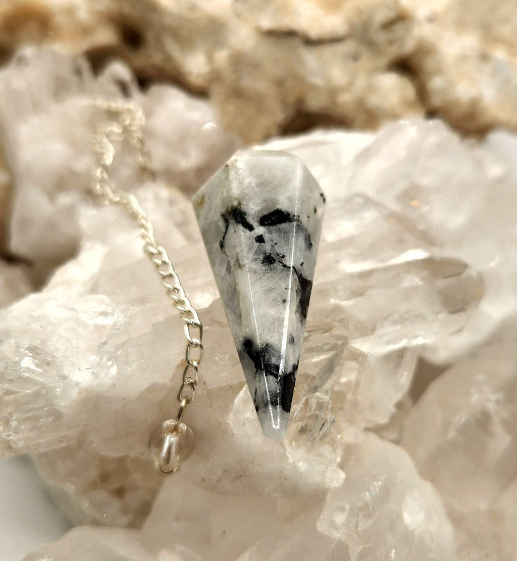 Rainbow Moonstone Gemstone Pendulum w/Silver Plated Chain