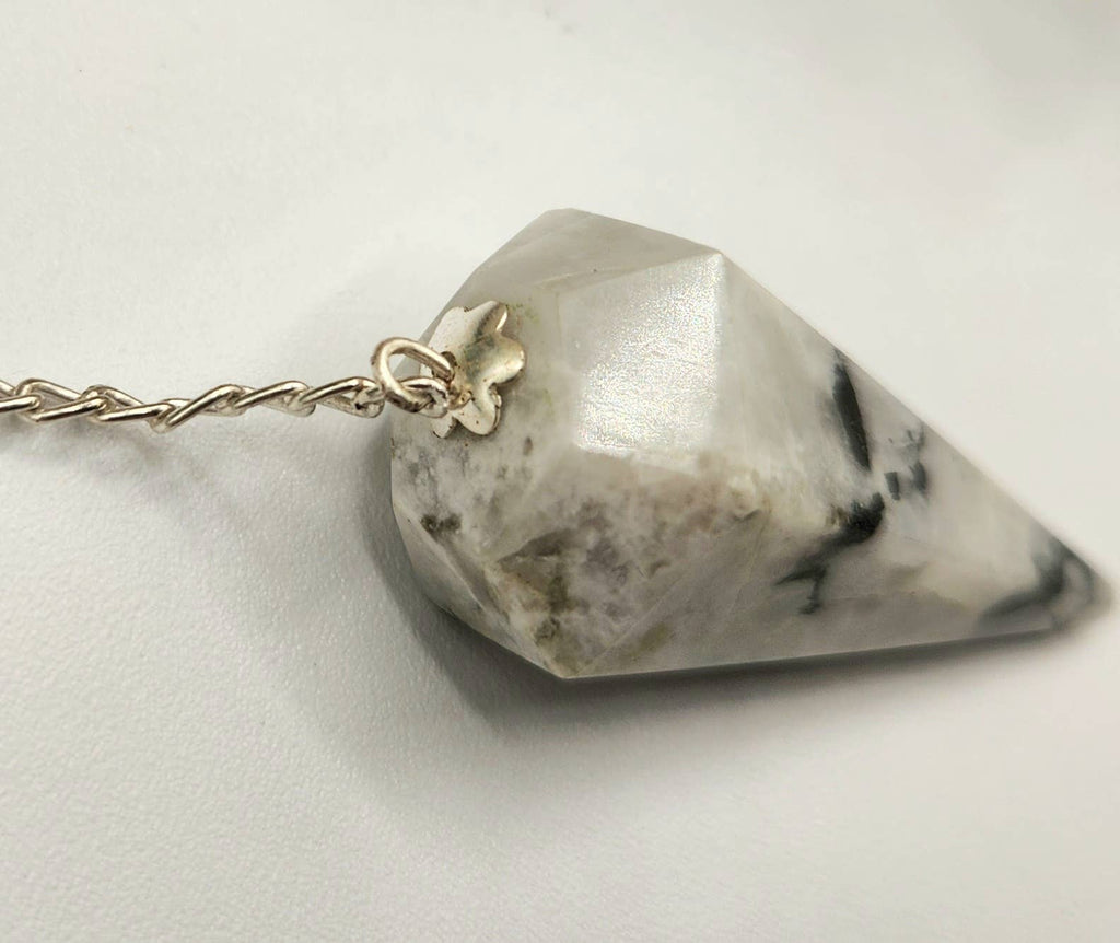 Rainbow Moonstone Gemstone Pendulum w/Silver Plated Chain