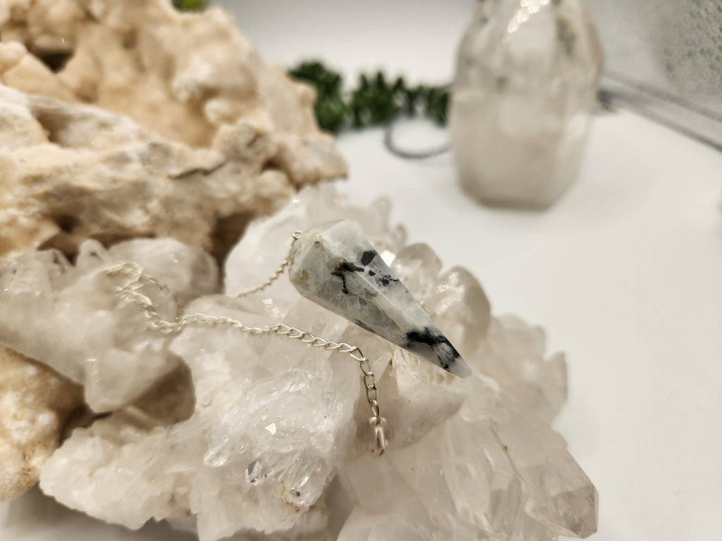 Rainbow Moonstone Gemstone Pendulum w/Silver Plated Chain