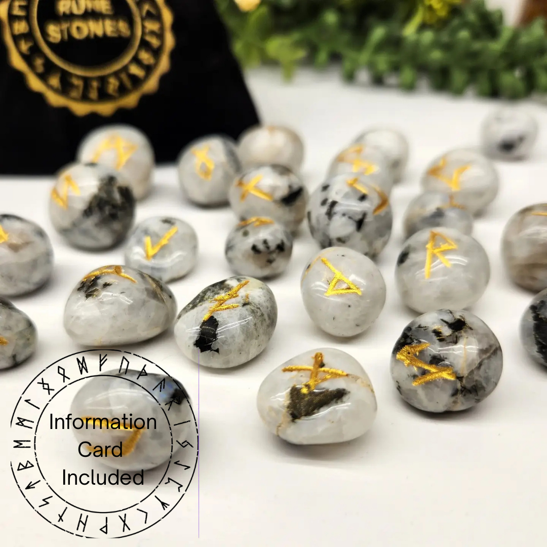 Rainbow Moonstone Gemstone Rune Sets with Velvet Pouch
