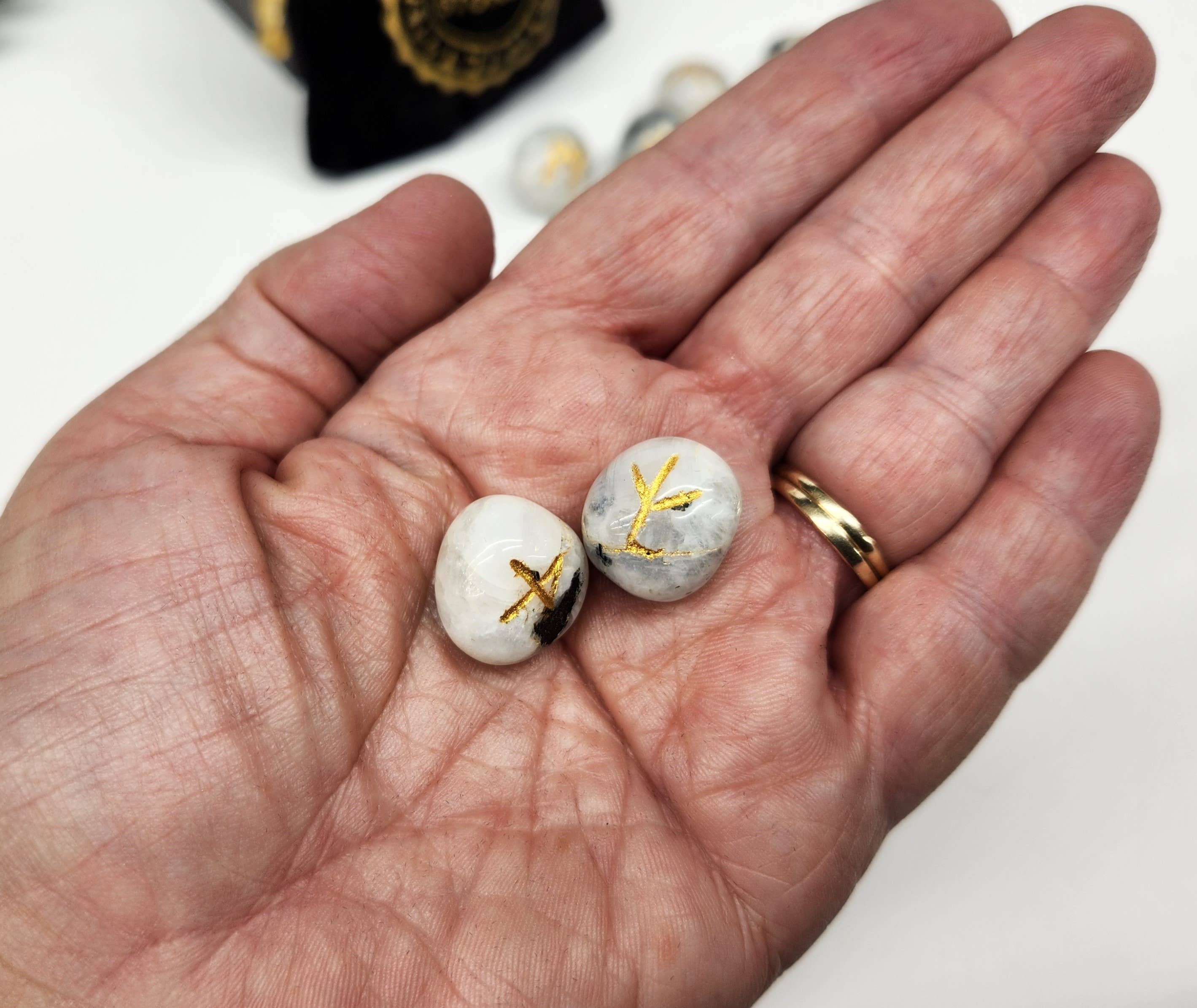 Rainbow Moonstone Gemstone Rune Sets with Velvet Pouch