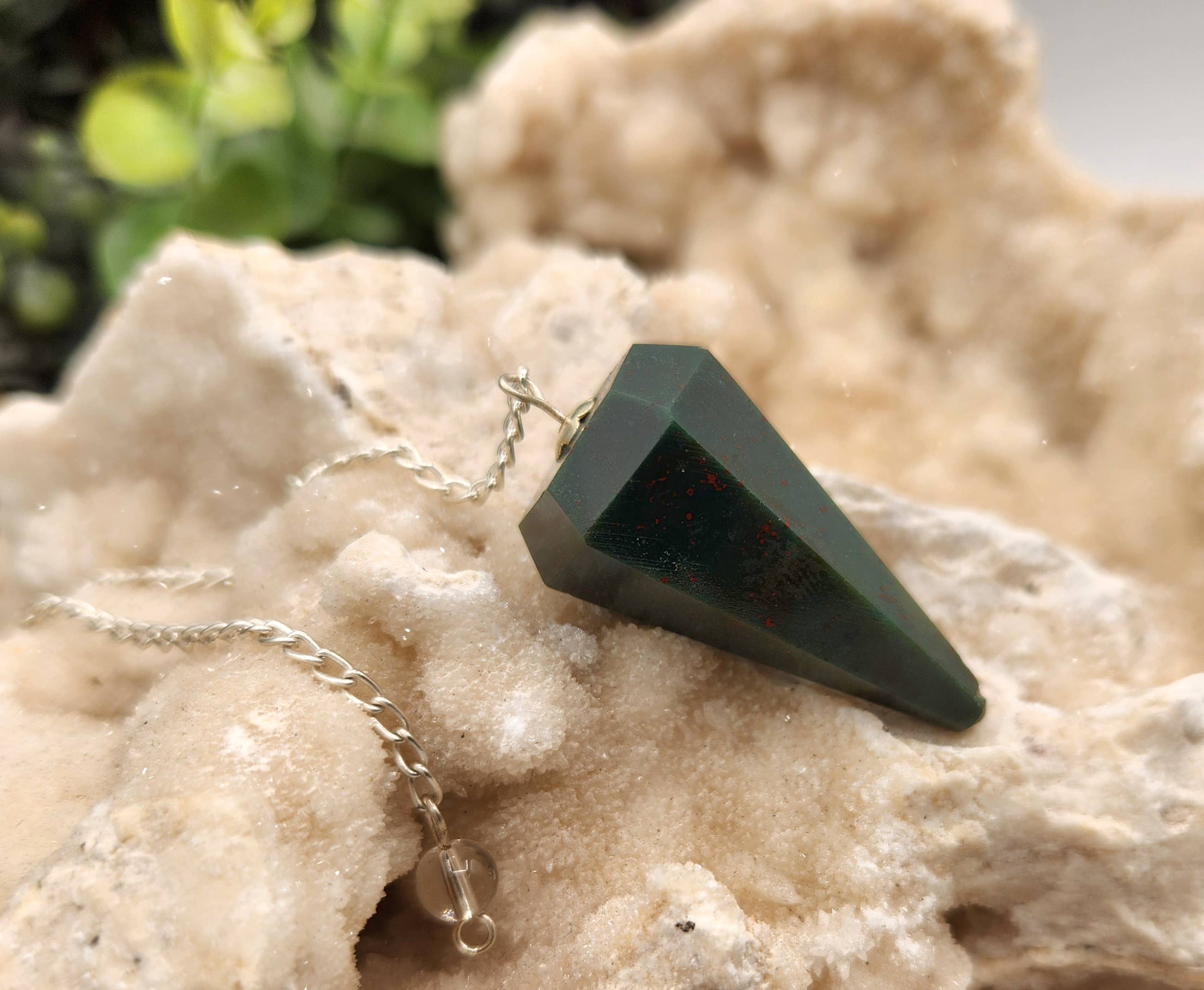 Bloodstone Gemstone Pendulum w/Silver plated chain