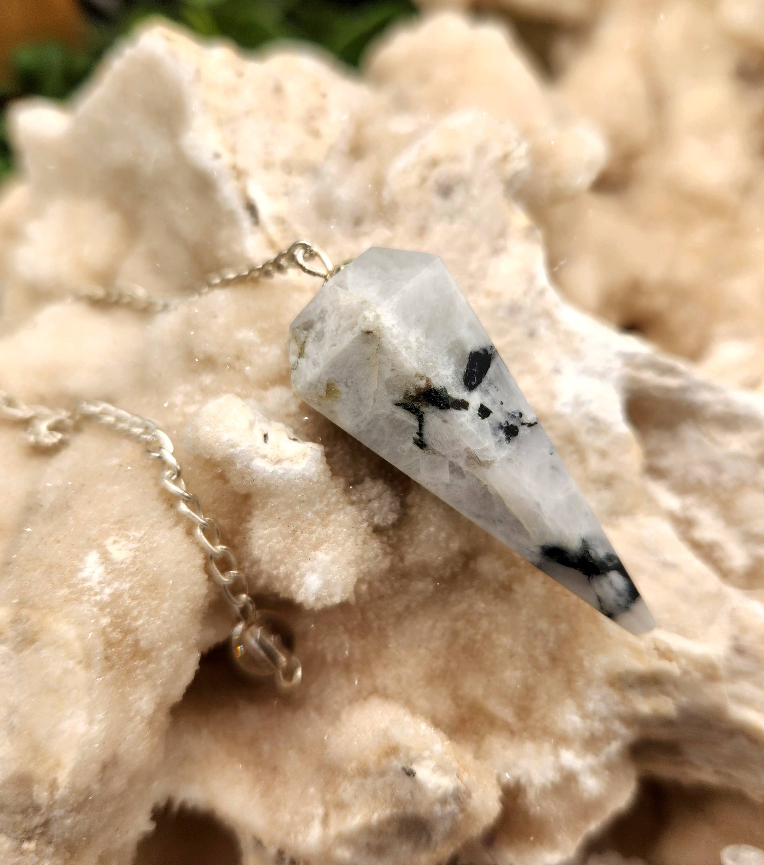 Rainbow Moonstone Gemstone Pendulum w/Silver Plated Chain