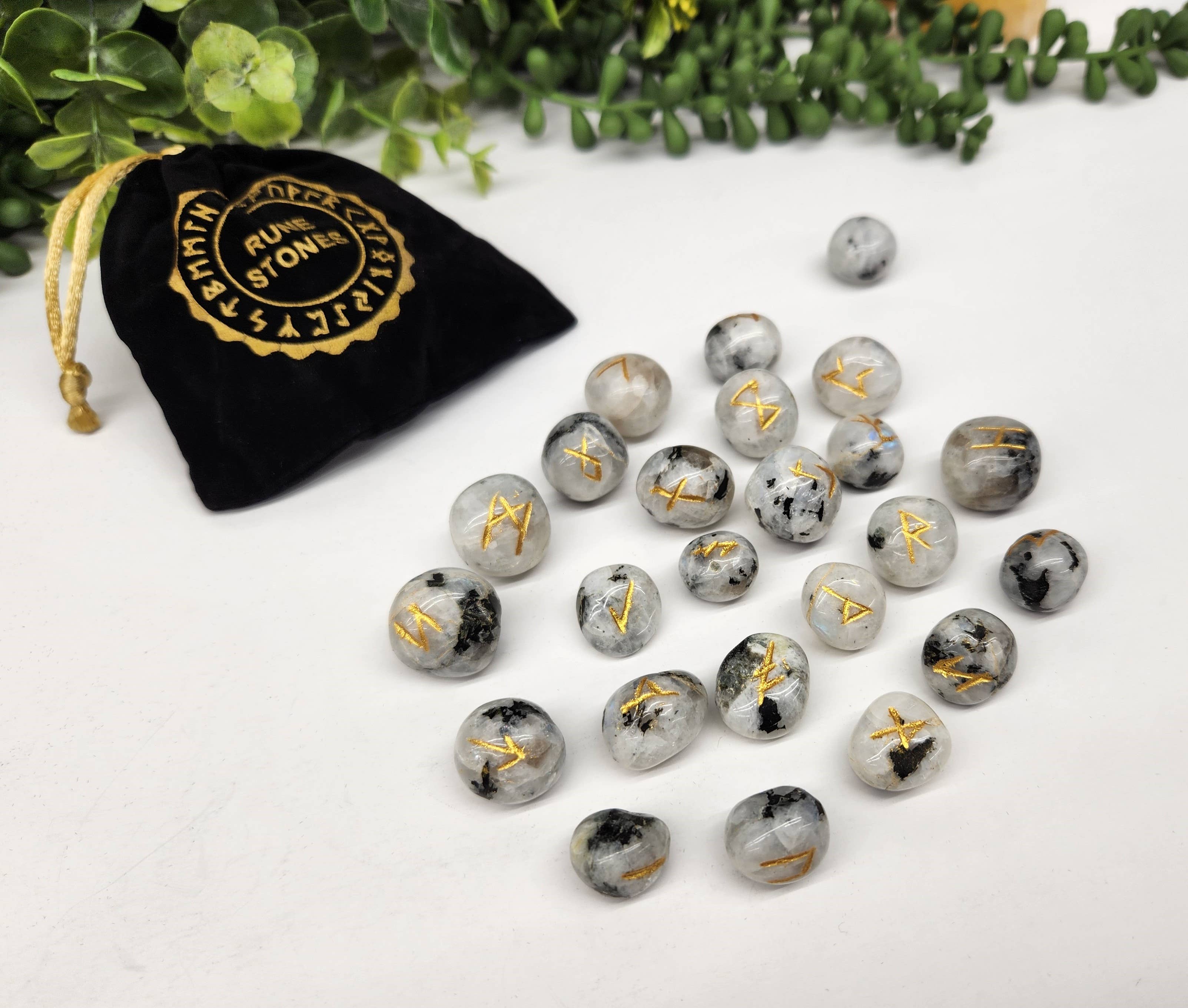 Rainbow Moonstone Gemstone Rune Sets with Velvet Pouch