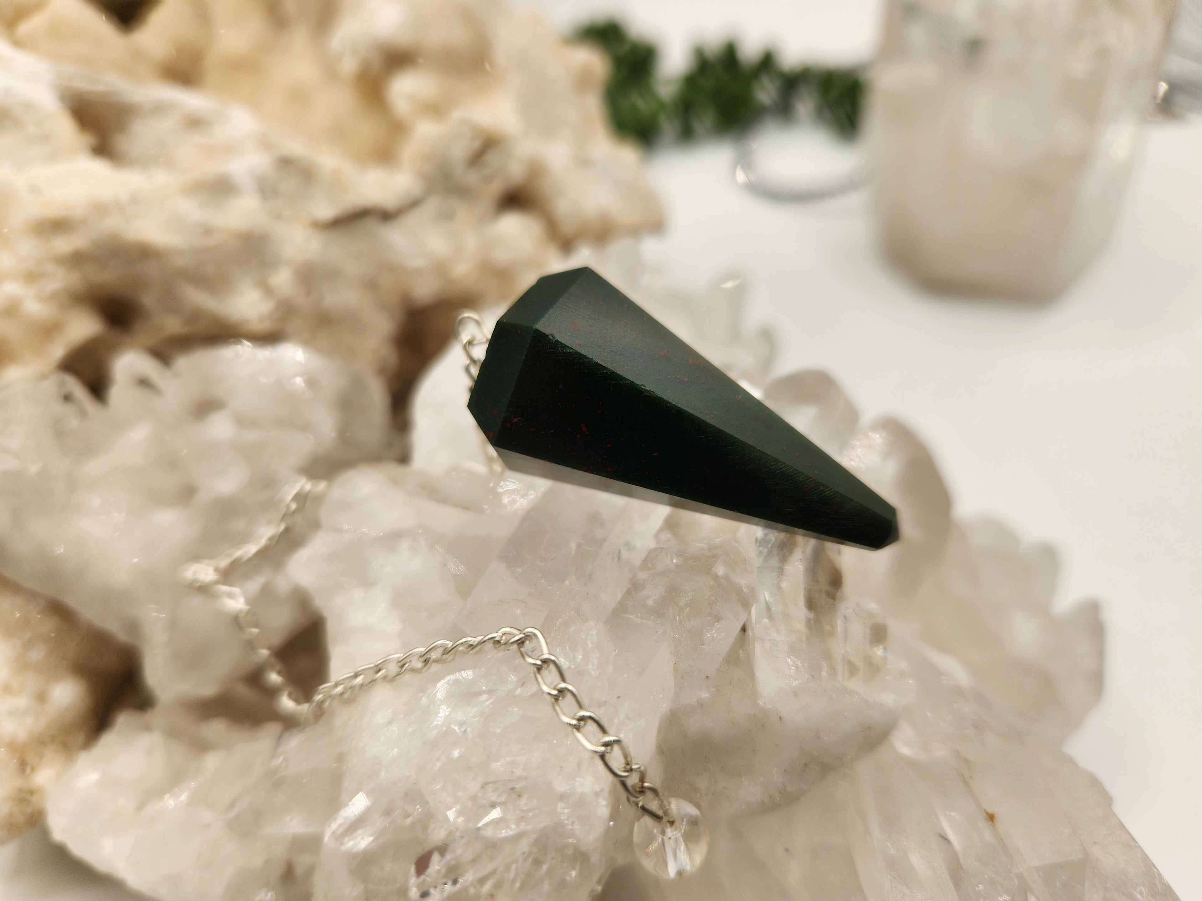 Bloodstone Gemstone Pendulum w/Silver plated chain